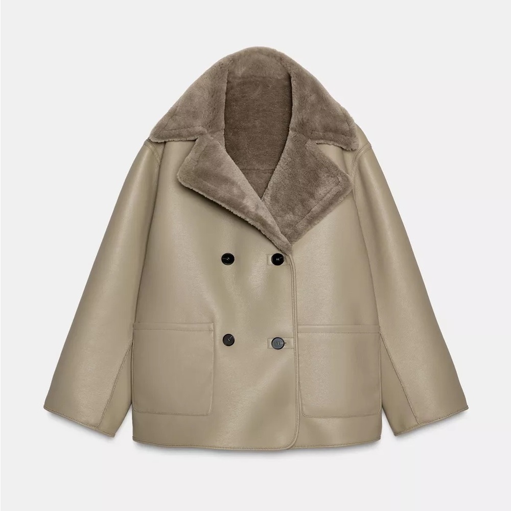 Zara NWT Reversible Double-Faced Coat Women's Taupe Gray Teddy Jacket Size S